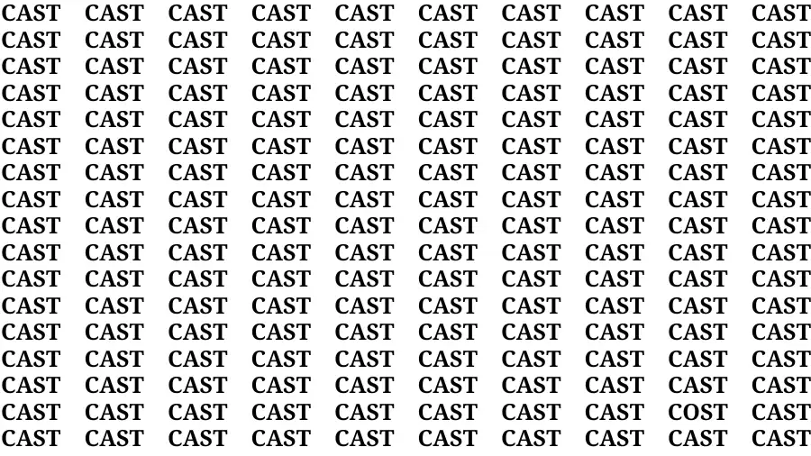 Observation Brain Test: If you have 50/50 Vision Find the Word Cost among Cast in 13 Secs