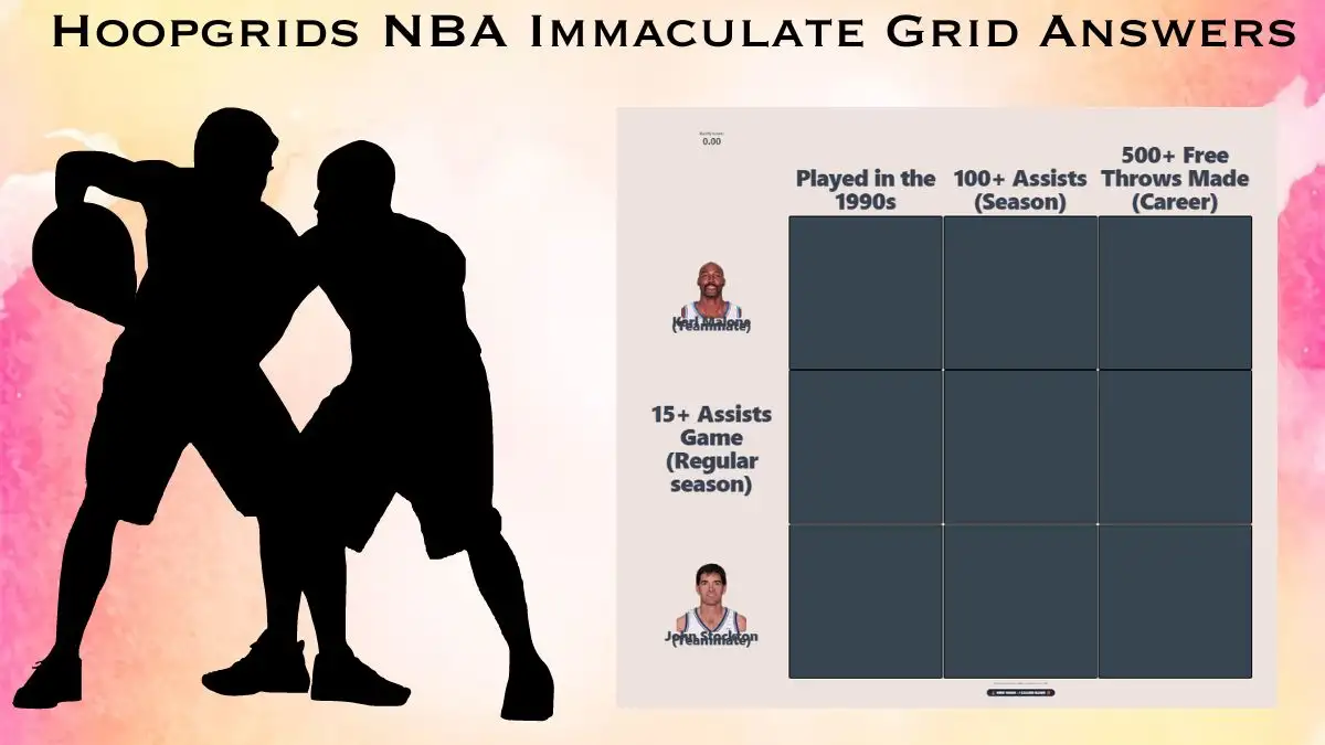 Which Player teammate of John Stockton and Recorded 100 or more assists in a single regular season? HoopGrids Immaculate Grid answers January 31 2024